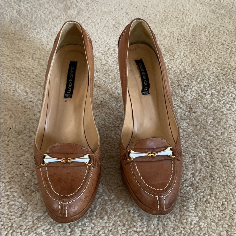 Claudia ciuti Brown Heels with Moccasin Stitching and Low Stacked Heel